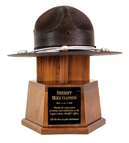 Custom walnut hexagon base with hat, many styles available. Includes engraved plate, with room to mount badges or agency logo or patch