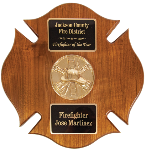 Solid walnut Maltese plaque with bronze cast medallion and brass engraved plates. Medallions available in all fire ranks, fire scramble, and EMS.