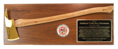 Solid walnut or solid oak plaque board, with axe mounted, your choice of colored brass engraving plate with your custom logo or full color reproduction of your patch, with room to mount badge, if desired.