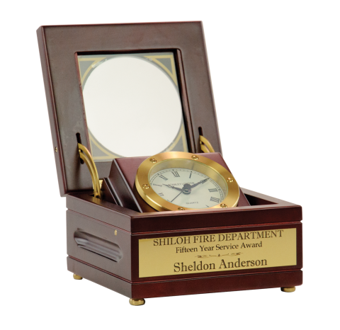 Antique style clock features highly accurate quartz clock movement, housed in a satin finish mahogany wood case 