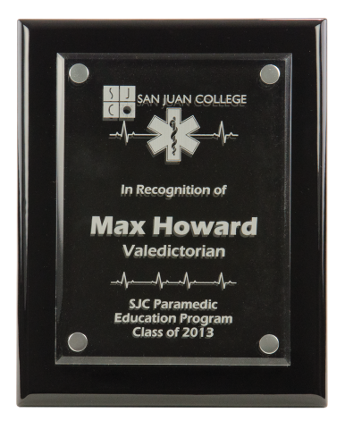 High gloss piano finish award features 3/16” thick acrylic plate suspended above the plaque surface.