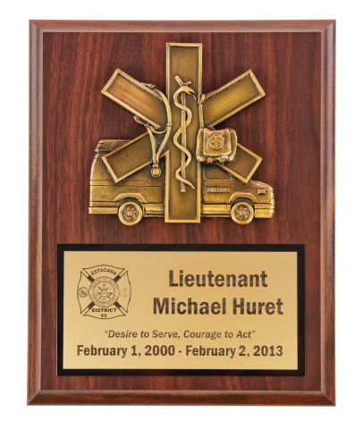 Star of Life scramble mounted on a plaque with brass engraving plate