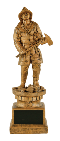 Gold finished firefighter with axe; incudes engraving plate on base.