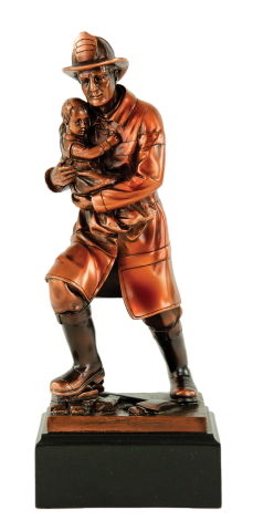 Copper finished firefighter figure; engraving plate included on base