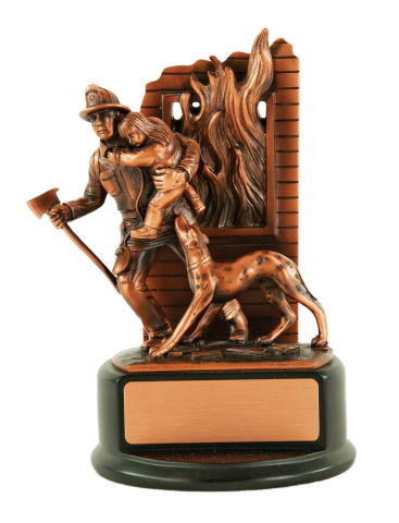 8” dark antiqued copper finished firefighter w/child and faithful dog. Engraving plate included on base.