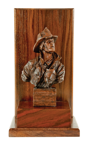 he Original Firefighter sculpture 7.5” mounted on a walnut block with base and background with engraving plate