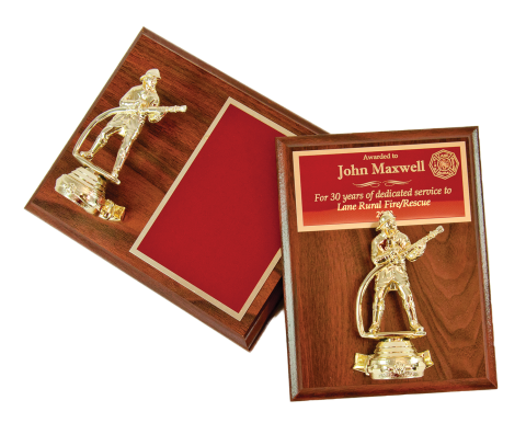 Firefighter figure on plaque with brass engraving plate. Portrait or landscape mount.