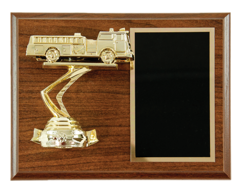 Fire engine figure on plaque with brass engraving plate. Portrait or landscape mount.