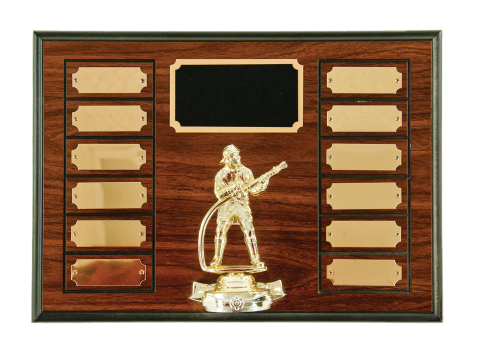  walnut finish perpetual with firefighter figure. Includes top engraved plate and 12 perpetual plates