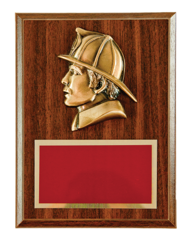 Bronze finish firefighter head with brass engraving plate mounted on plaque.