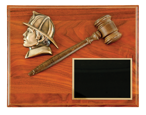 Past President Plaque with half gavel, small firefighter head and brass engraving plate mounted on plaque.