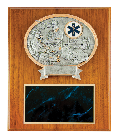 Oval casting of paramedics working on a patient with the medic unit in the background, and Star of Life emblem mounted on solid walnut 12”x15” plaque, with engraving plate