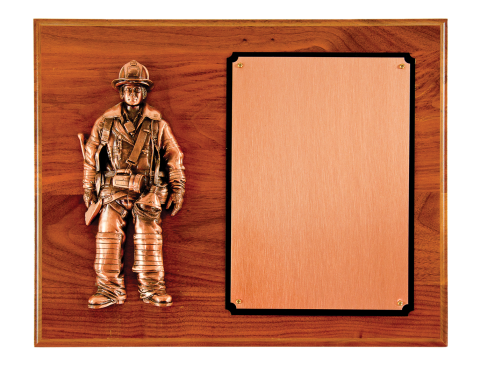 Copper finished firefighter casting, with copper finish engraving plate. 