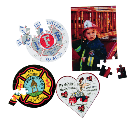 Puzzles can be imprinted with your logo, photos, or artwork. A great idea for a unique gift, one-of-a-kind award, or used as part of your fire prevention programs. 