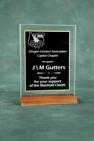 Acrylic plaque with walnut base; available in green marble, blue marble, red marble, or black accent.