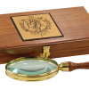 Antique reproduction hand magnifier features solid hardwood handle and solid brass ribbed trim, housed in a beautiful hardwood case.