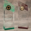 These acrylic towers are 3” x 8.75” x 2”.  They are laser engraved with your wording and logo or design.