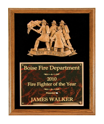 Solid oak frame with black velvet background, bronze finish “The Bravest” and brass engraving plate 